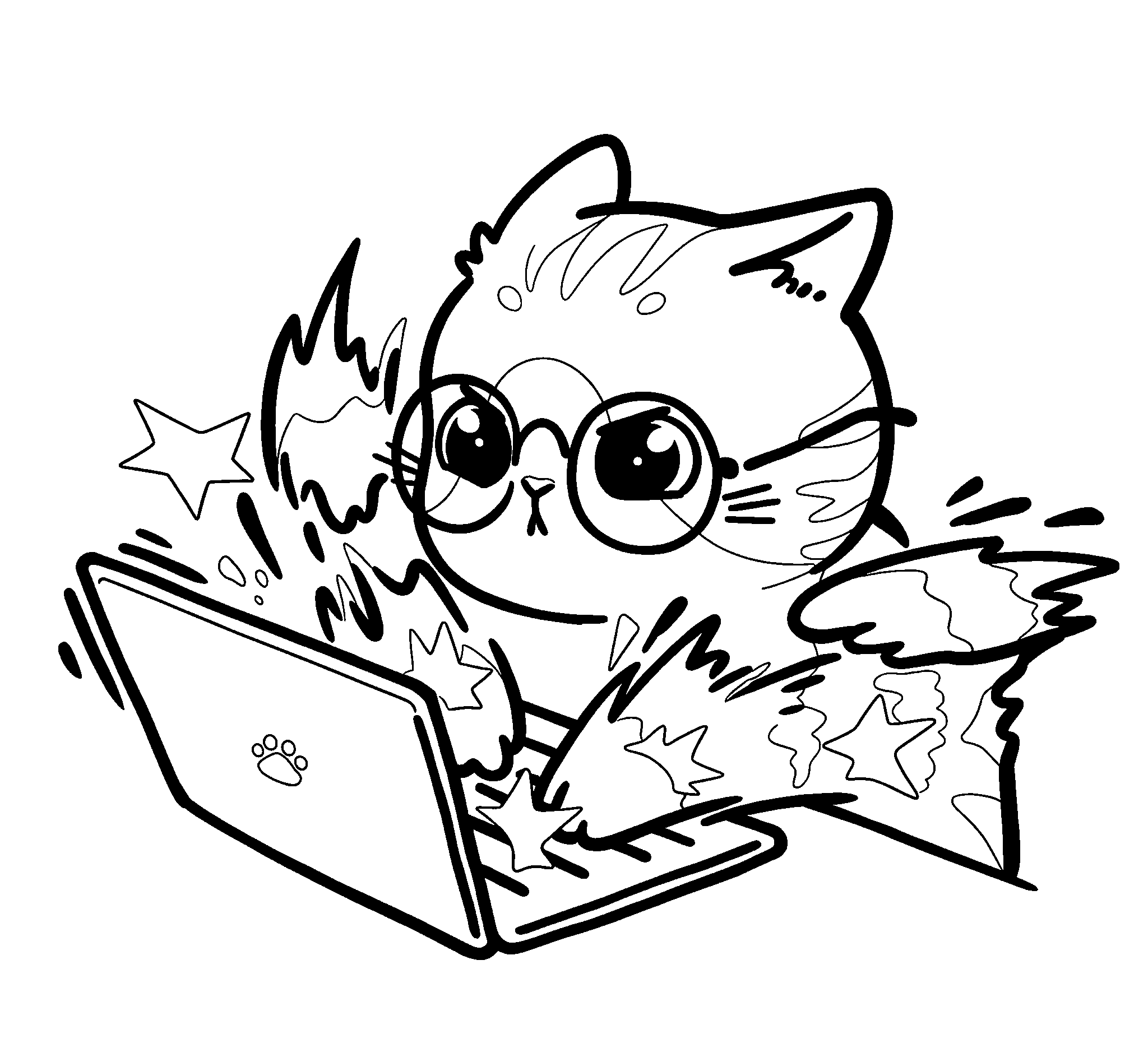 gamer cat coding on laptop line art for kids cute animals sheet