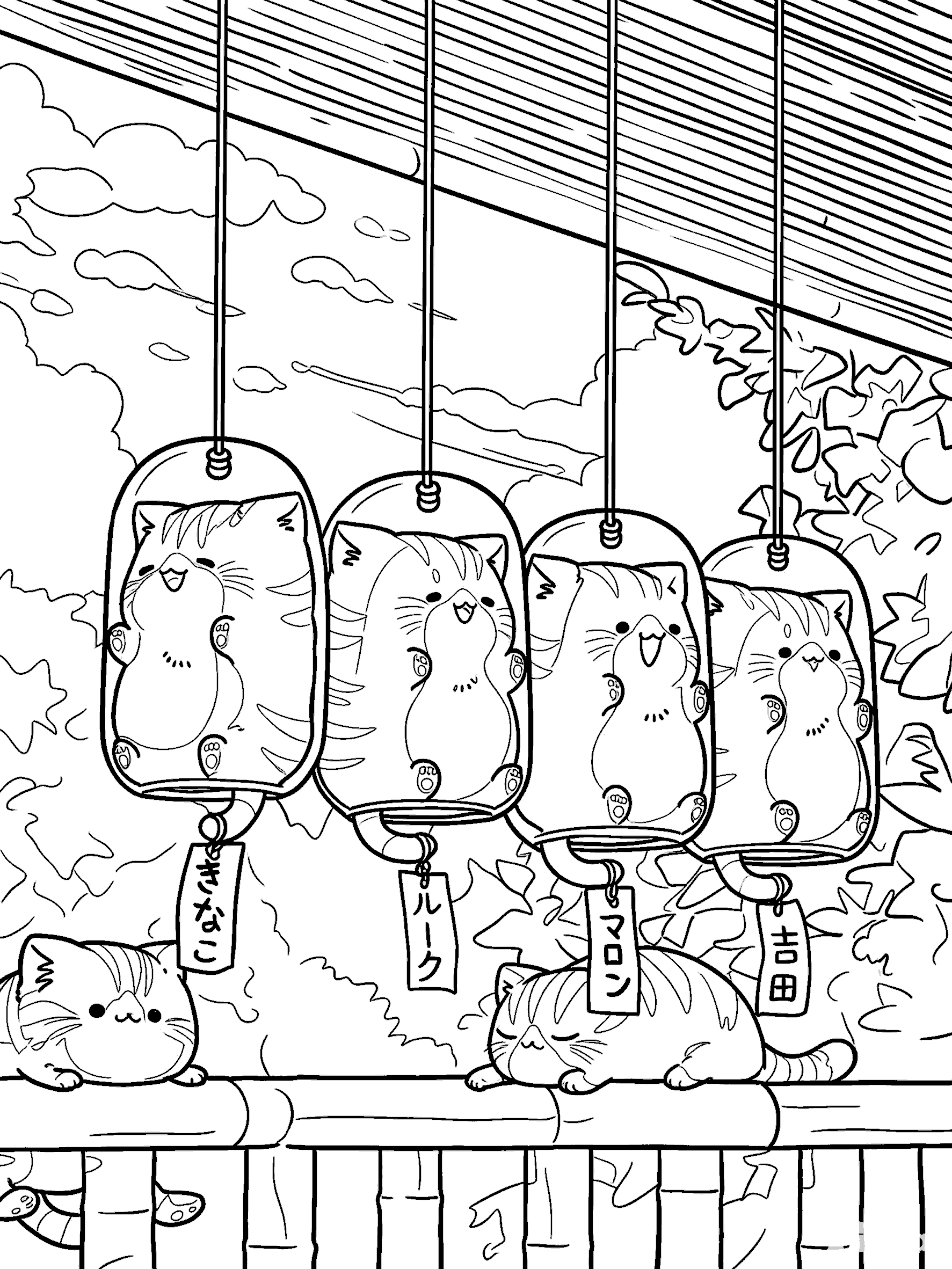japanese wind chime cat line art for kids cute furin animals sheet