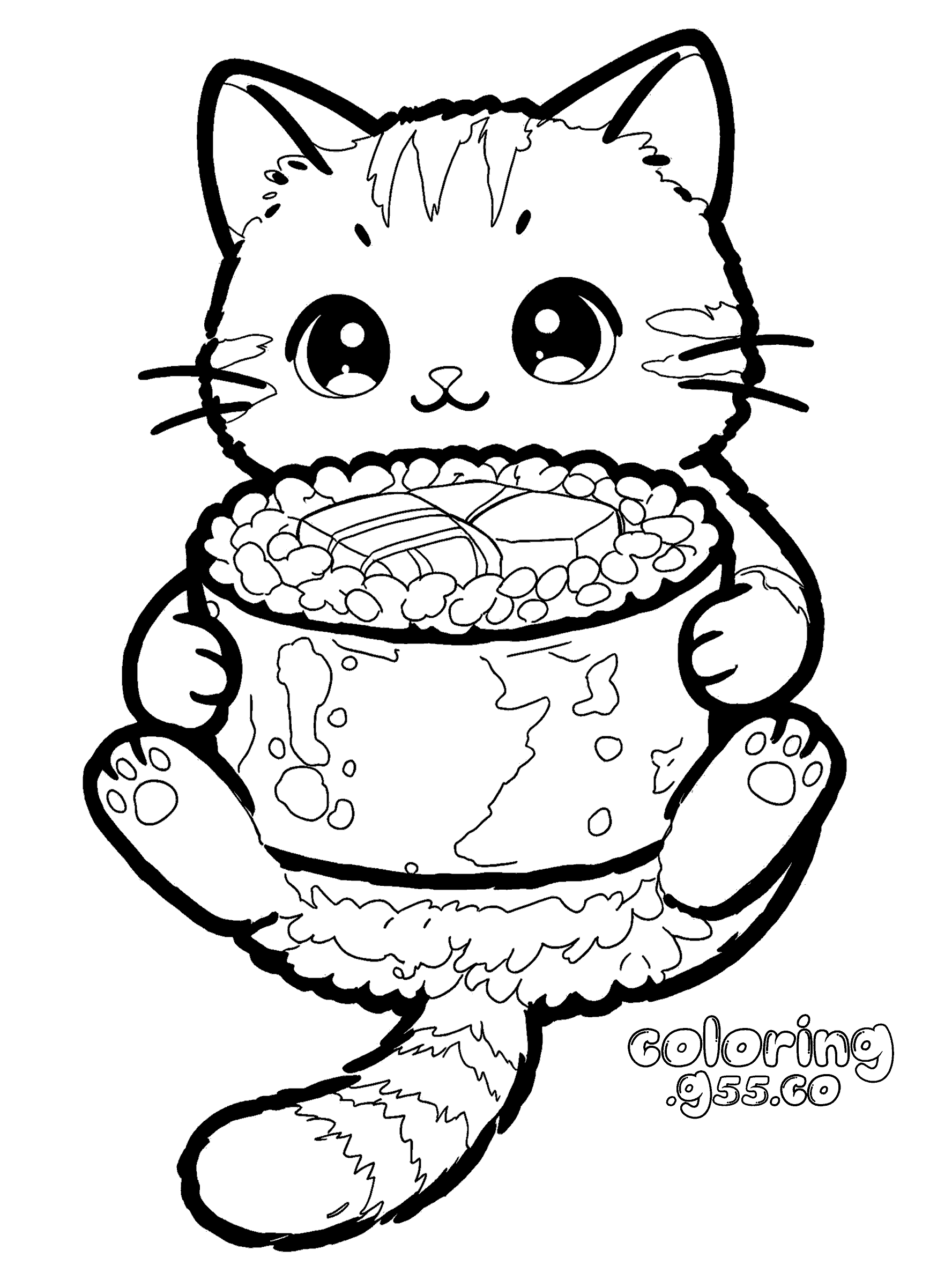 kawaii cat sushi roll line art for kids