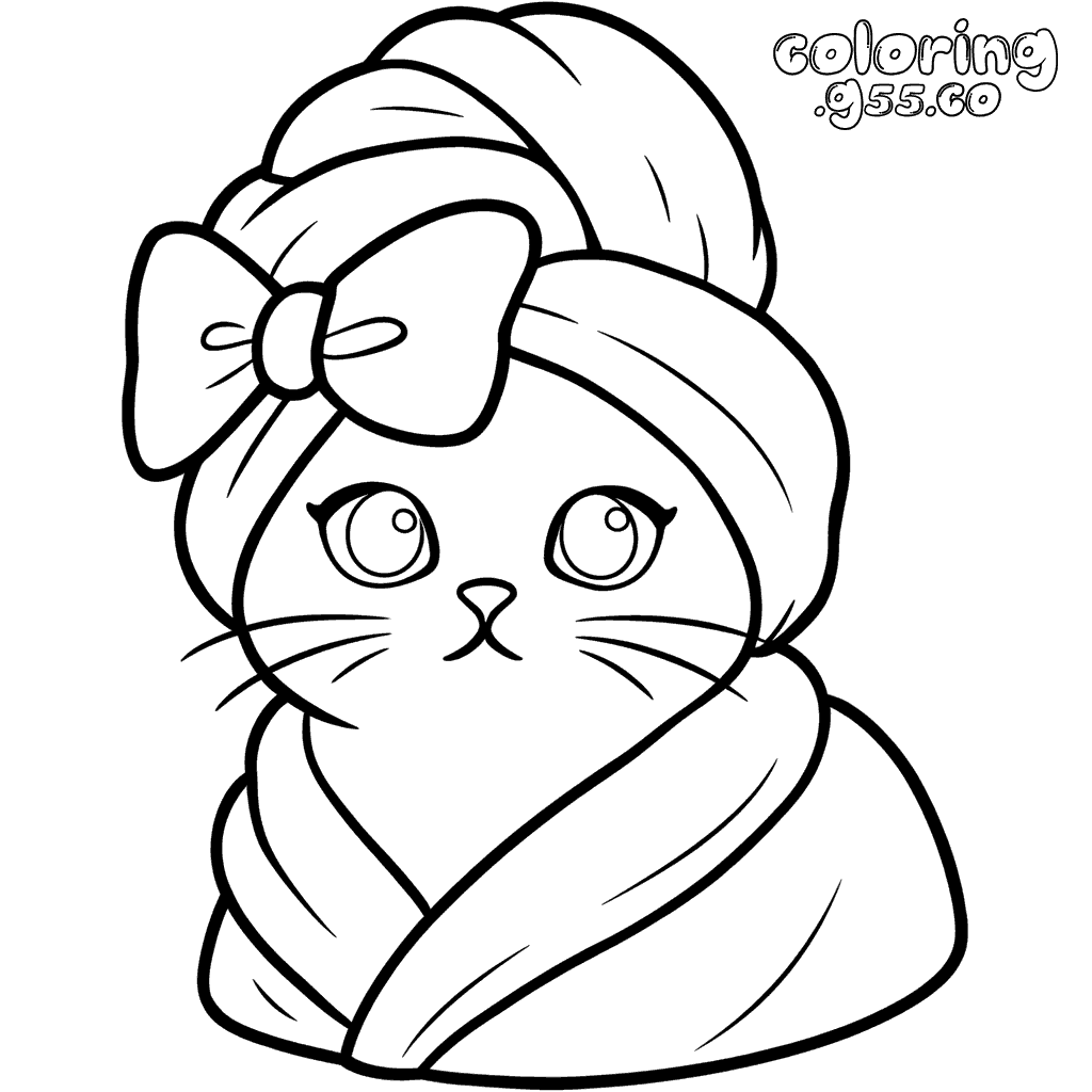 spa cat towel turban line art kids