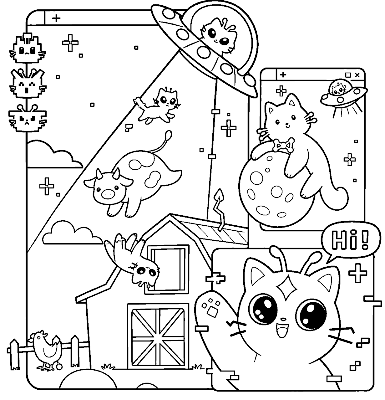space cat ufo abduction line art for kids funny farm animals sheet
