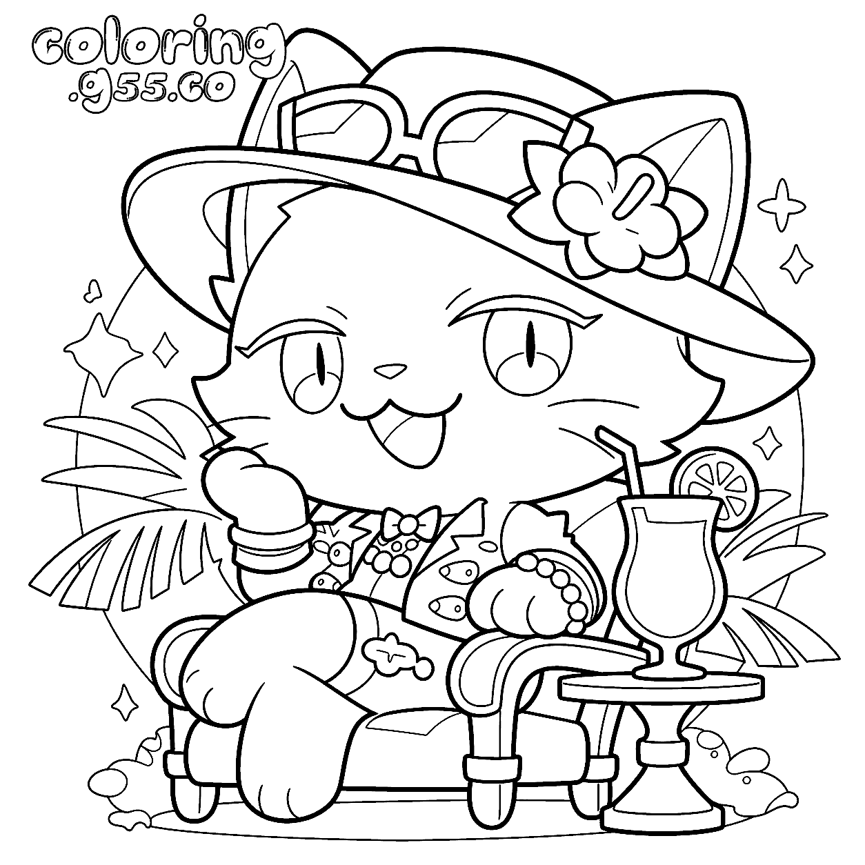 summer vacation cat line art for kids cute beach animals sheet
