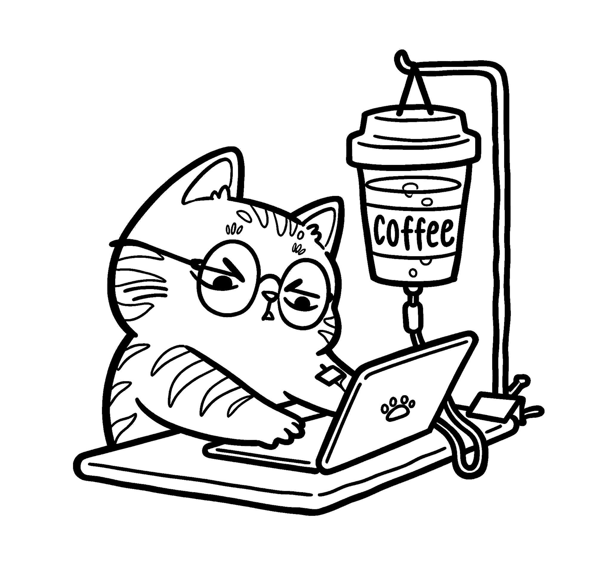 tired cat working on laptop line art for kids funny coffee animals sheet