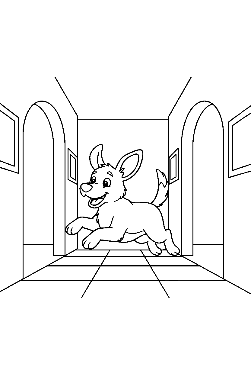 dog jumping in hallway line art