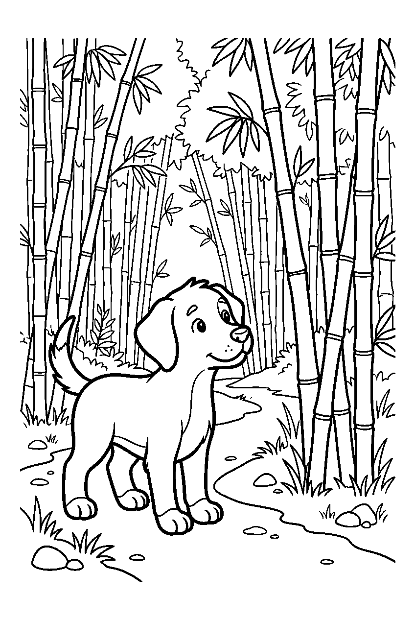 dog looking around in bamboo forest line art