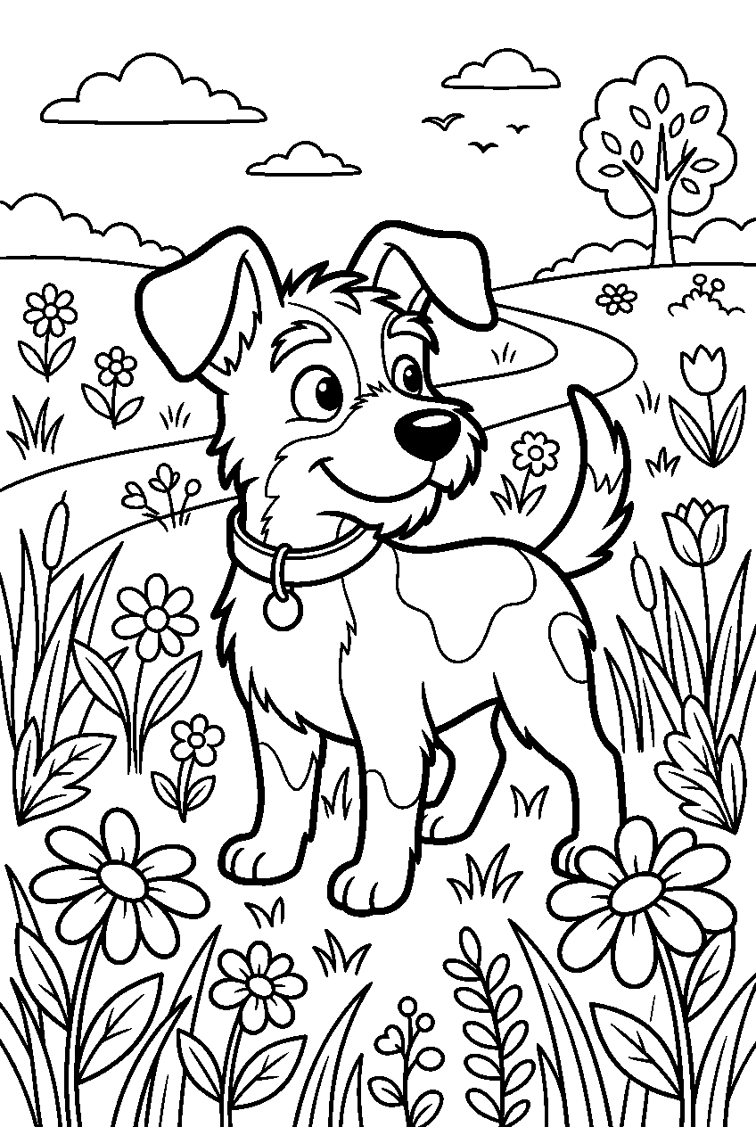 dog looking around in flower meadow line art