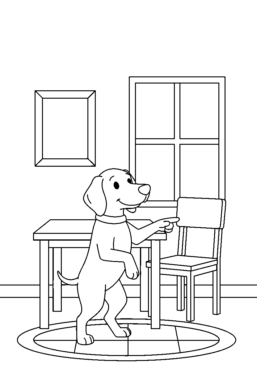 dog pointing in simple room line art