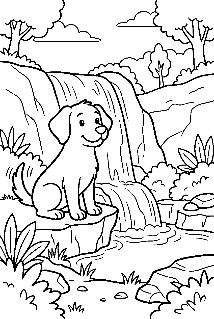 dog posing near waterfall line art