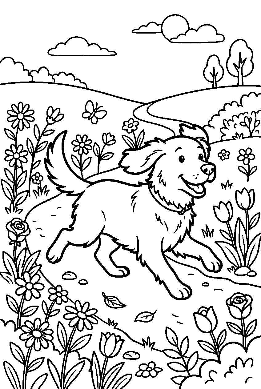 dog running in flower garden line art