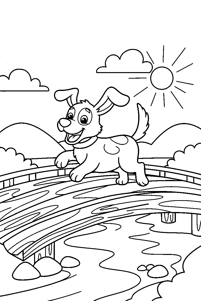 dog running on wooden bridge line art