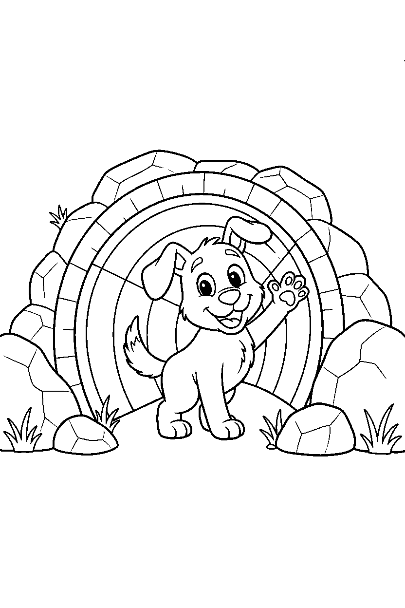 dog waving in tunnel line art