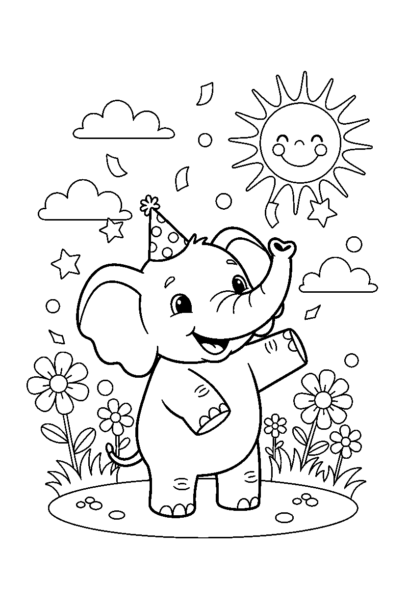 elephant celebrating happily in a sunny meadow line art