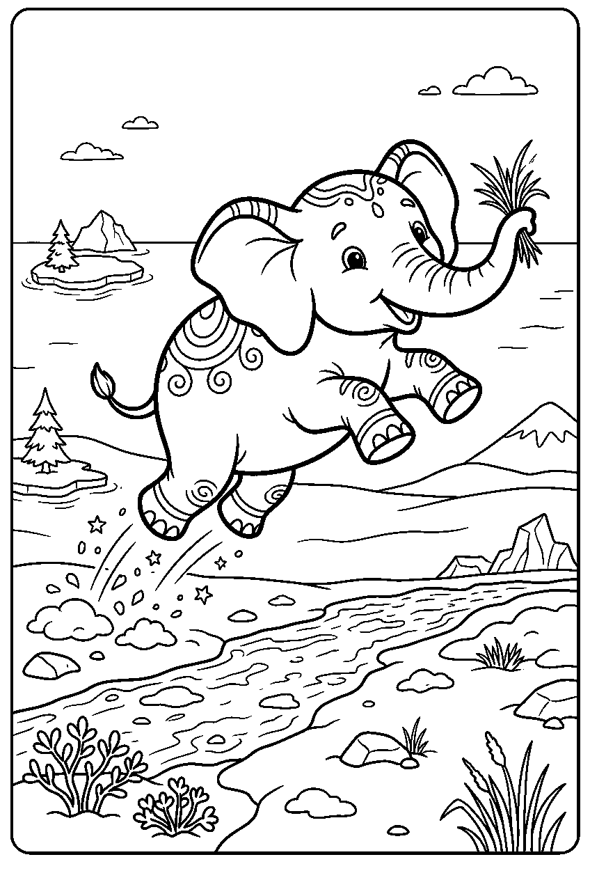elephant jumping in arctic tundra line art