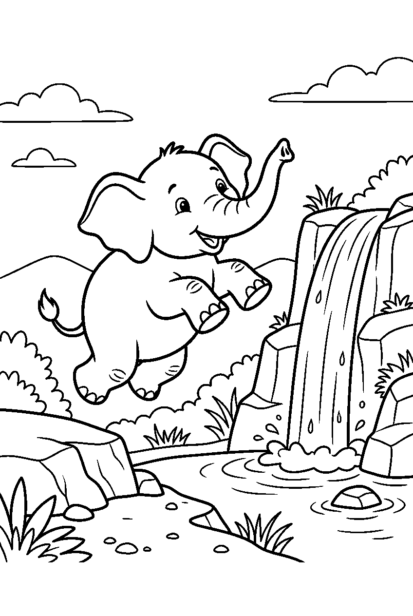 elephant jumping near waterfall line art