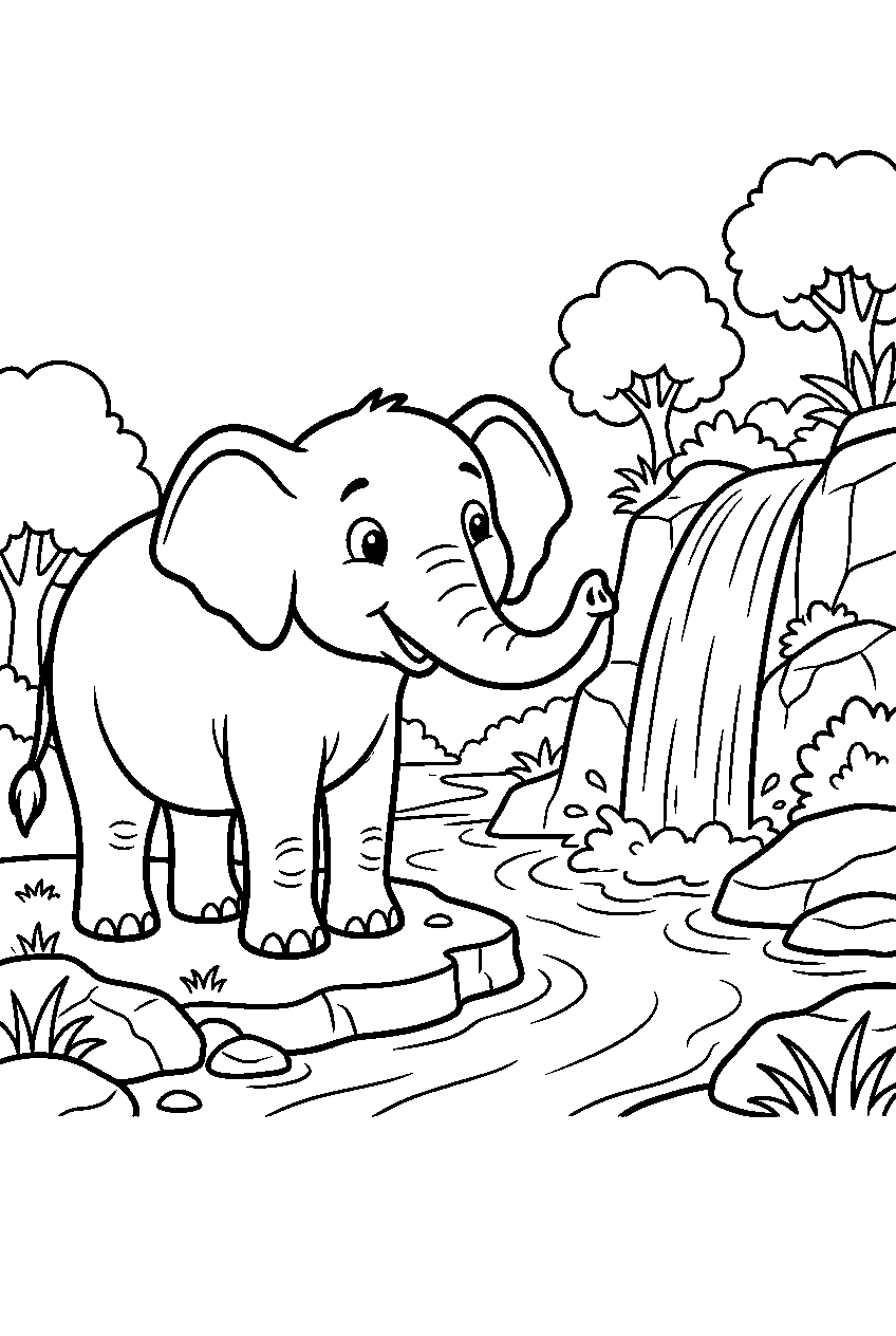 elephant looking around near waterfall line art
