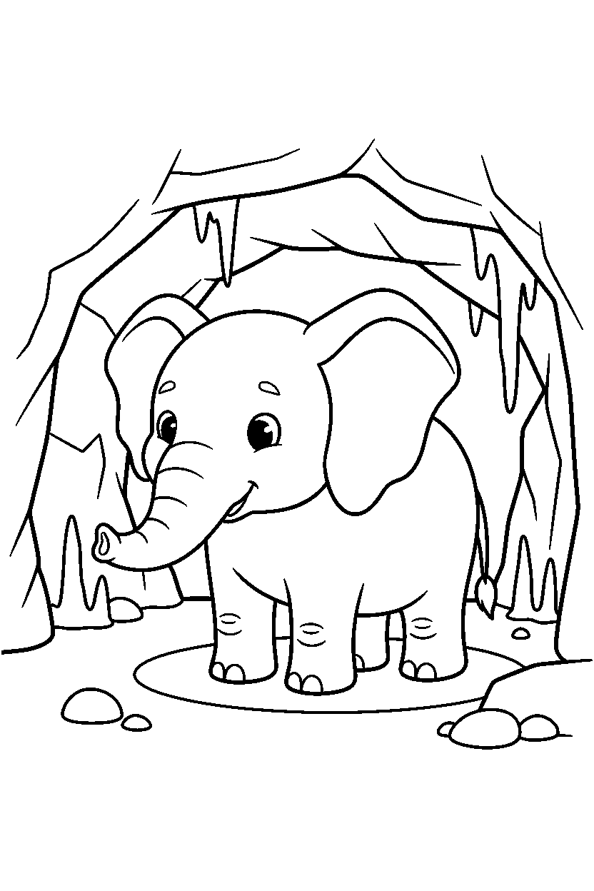 elephant standing calmly in underground cave line art