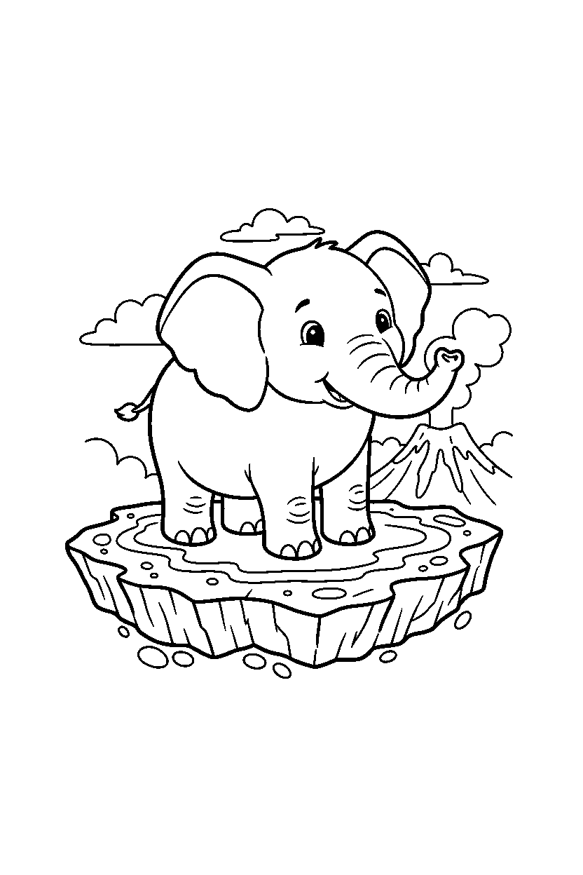 elephant standing calmly on lava platform line art