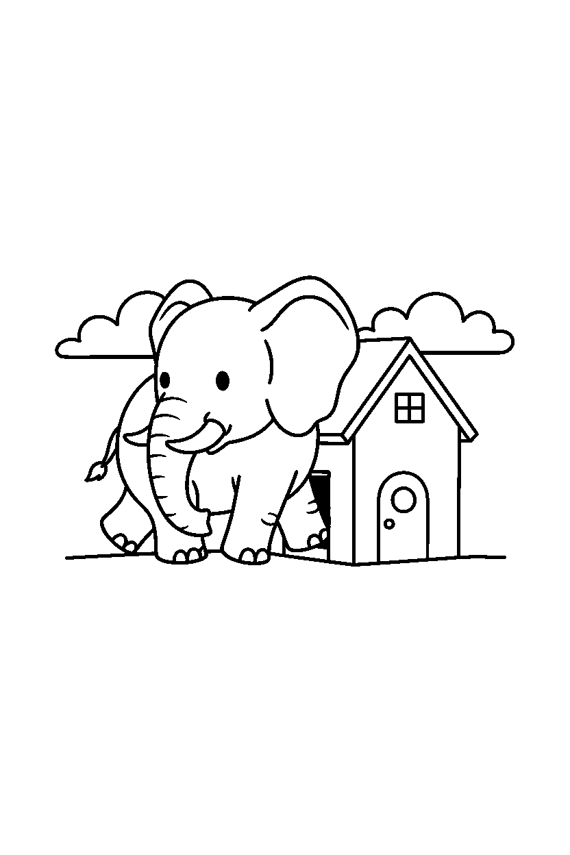 elephant walking slowly in small house line art