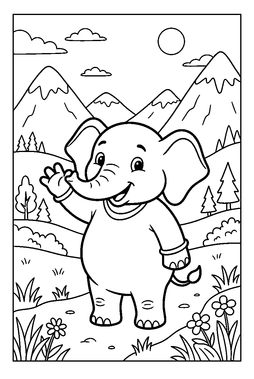 elephant waving in mountain valley line art