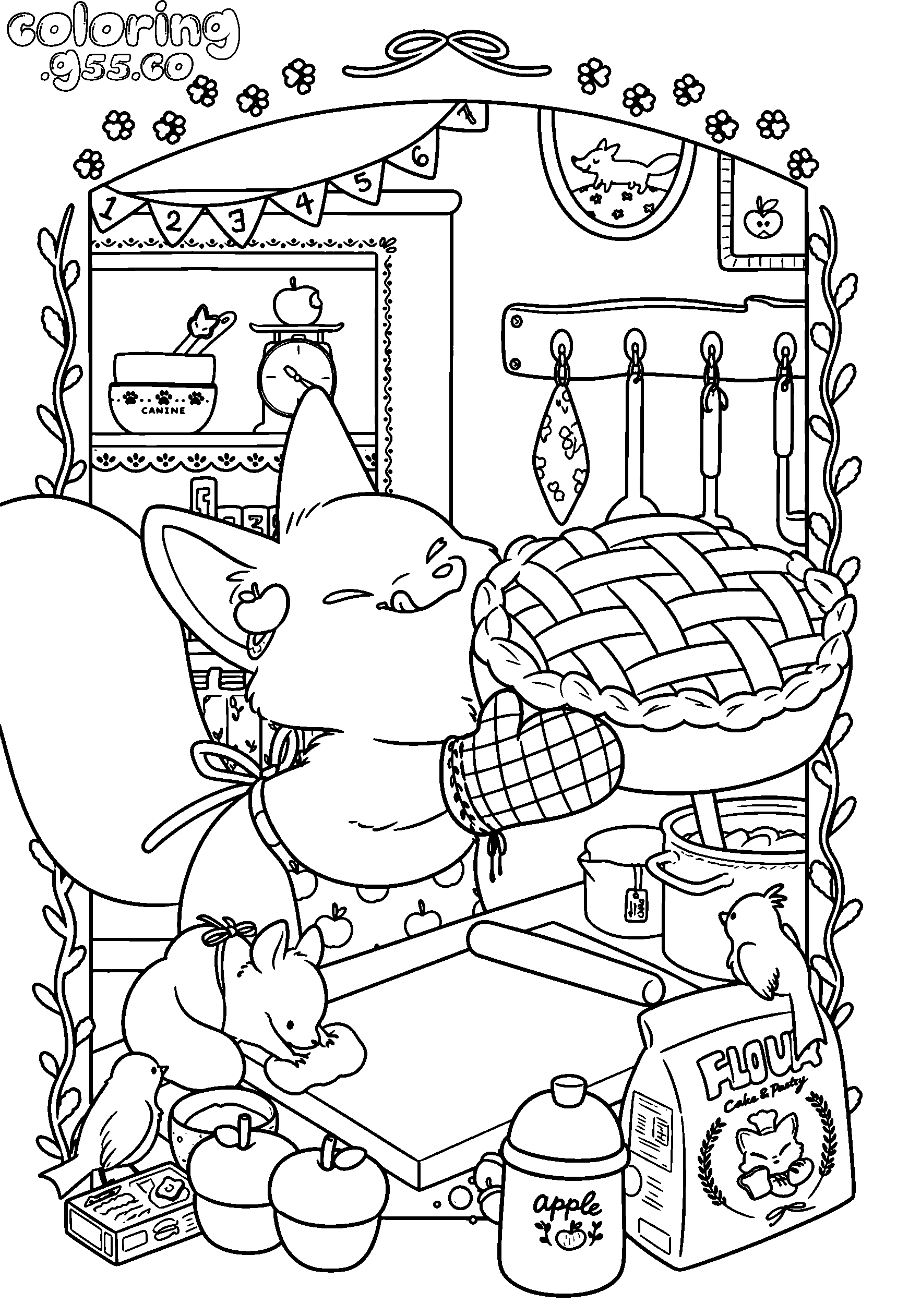 cute fox baking pie line art