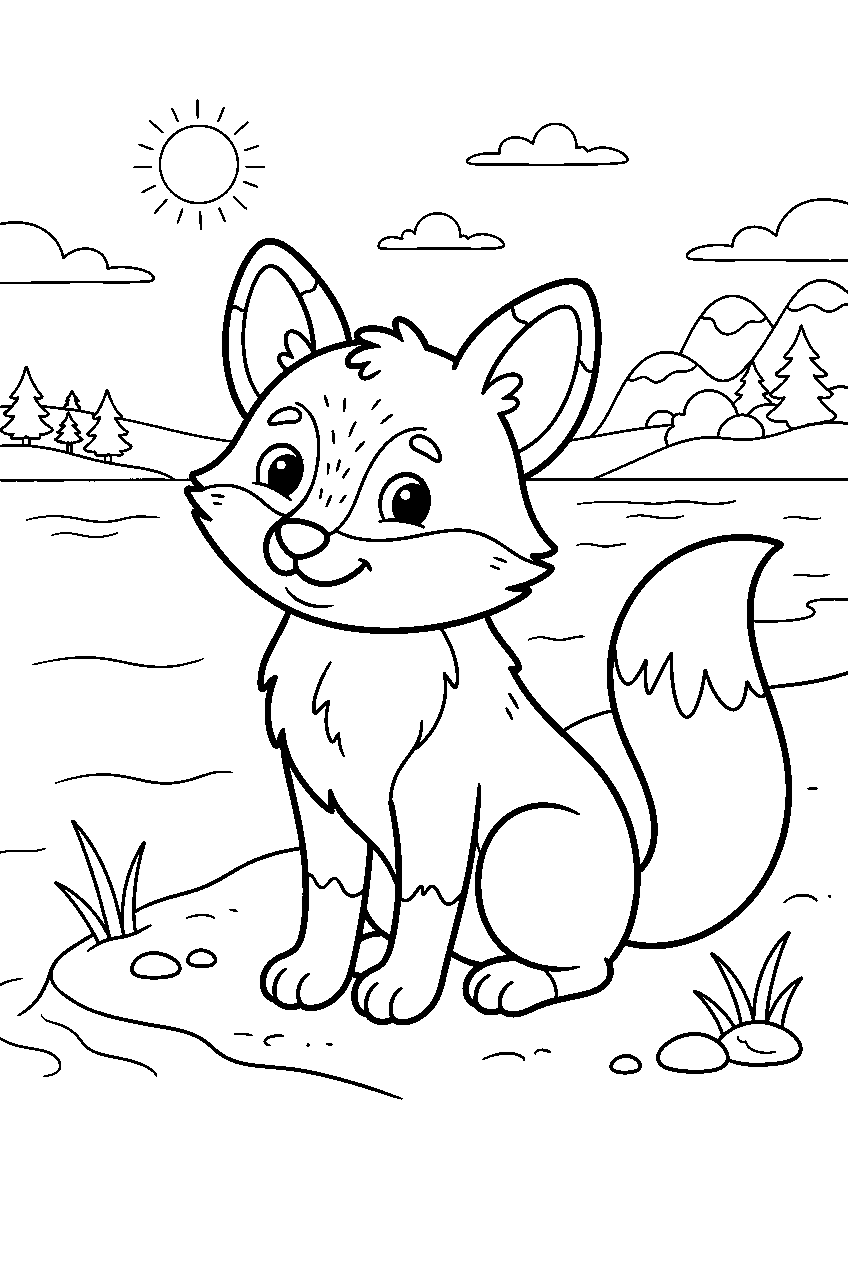 fox in lake shore line art