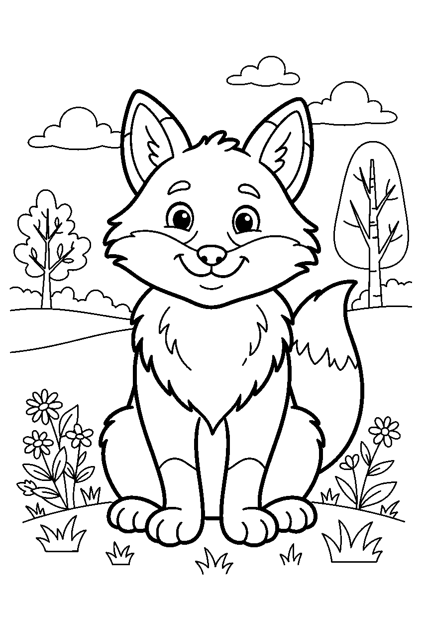 fox in nature reserve line art