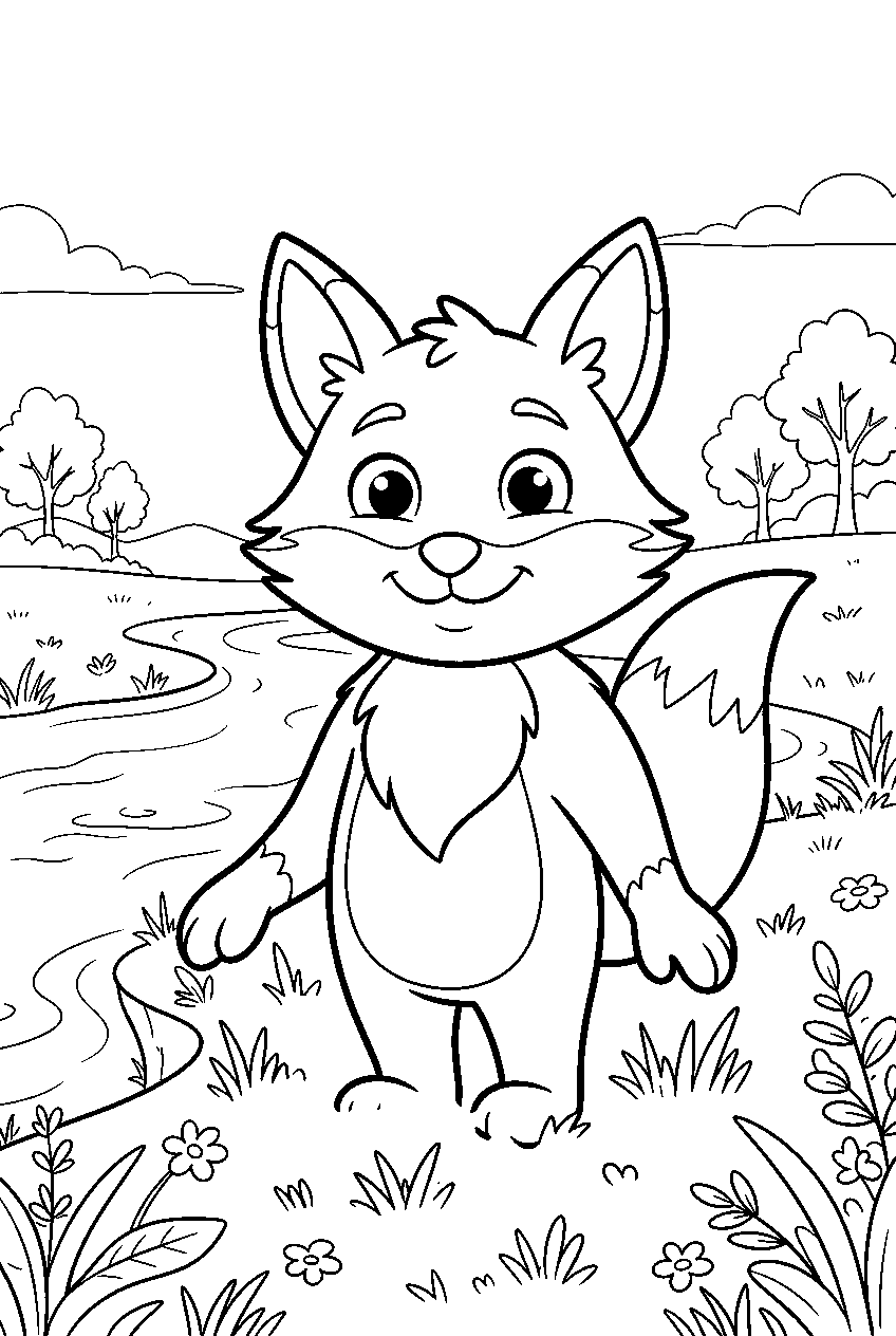 fox in riverside meadow line art