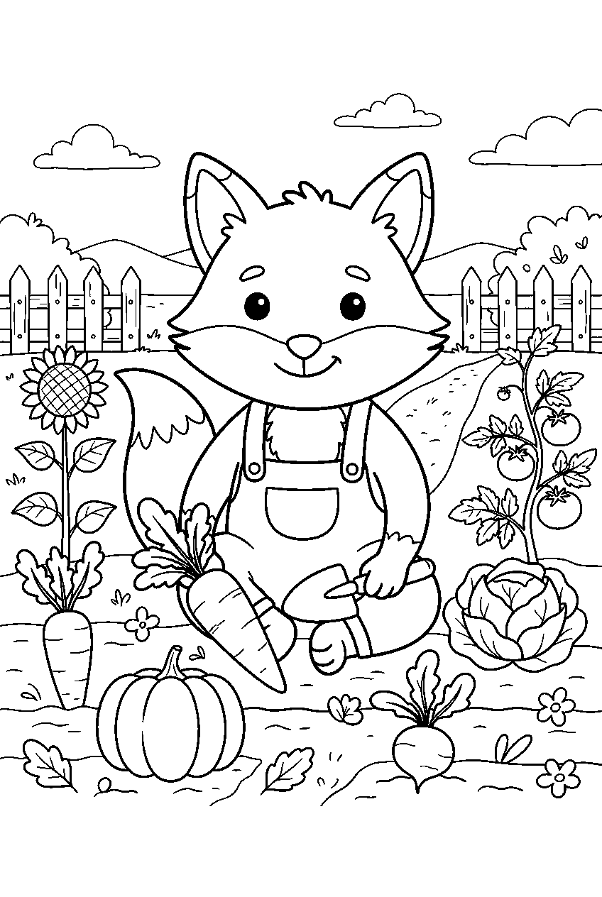 fox in vegetable garden line art