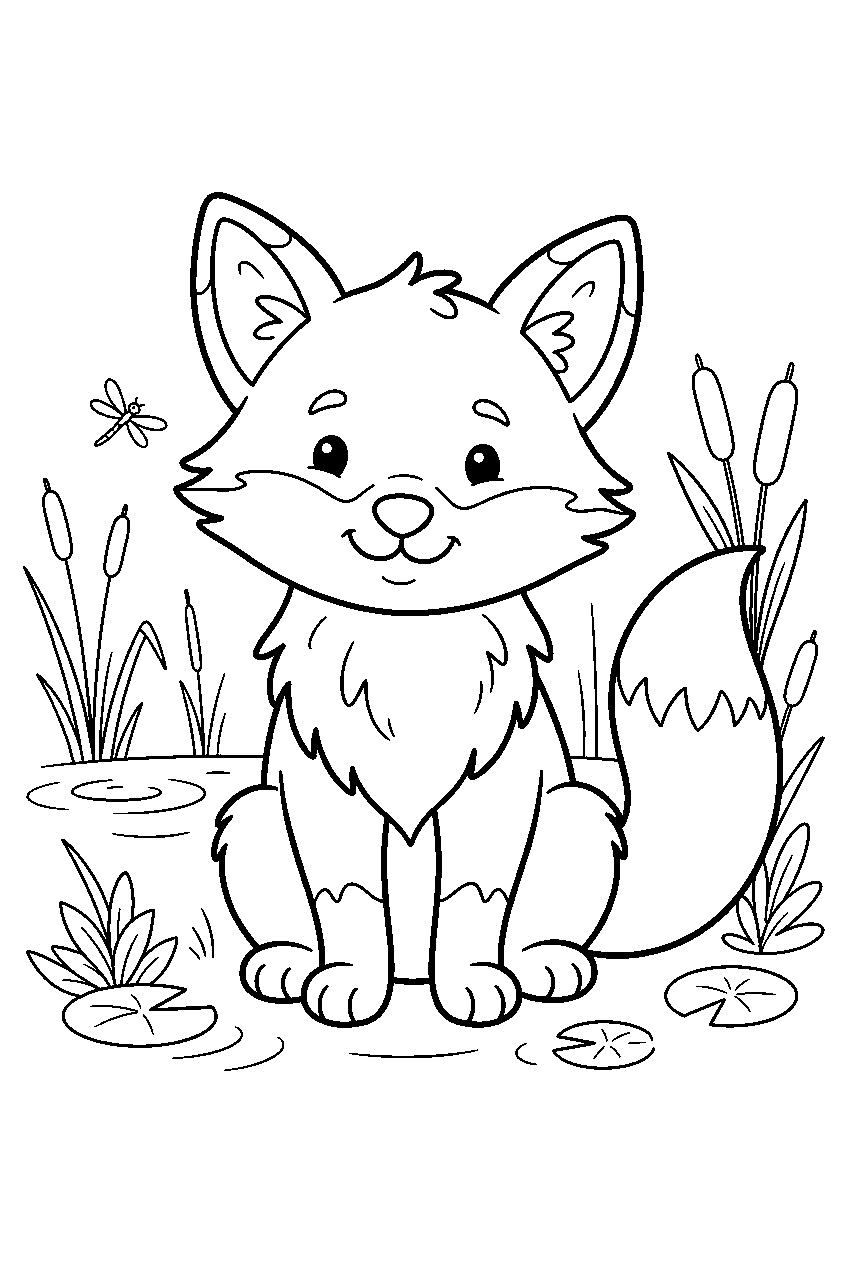 fox in wetland line art