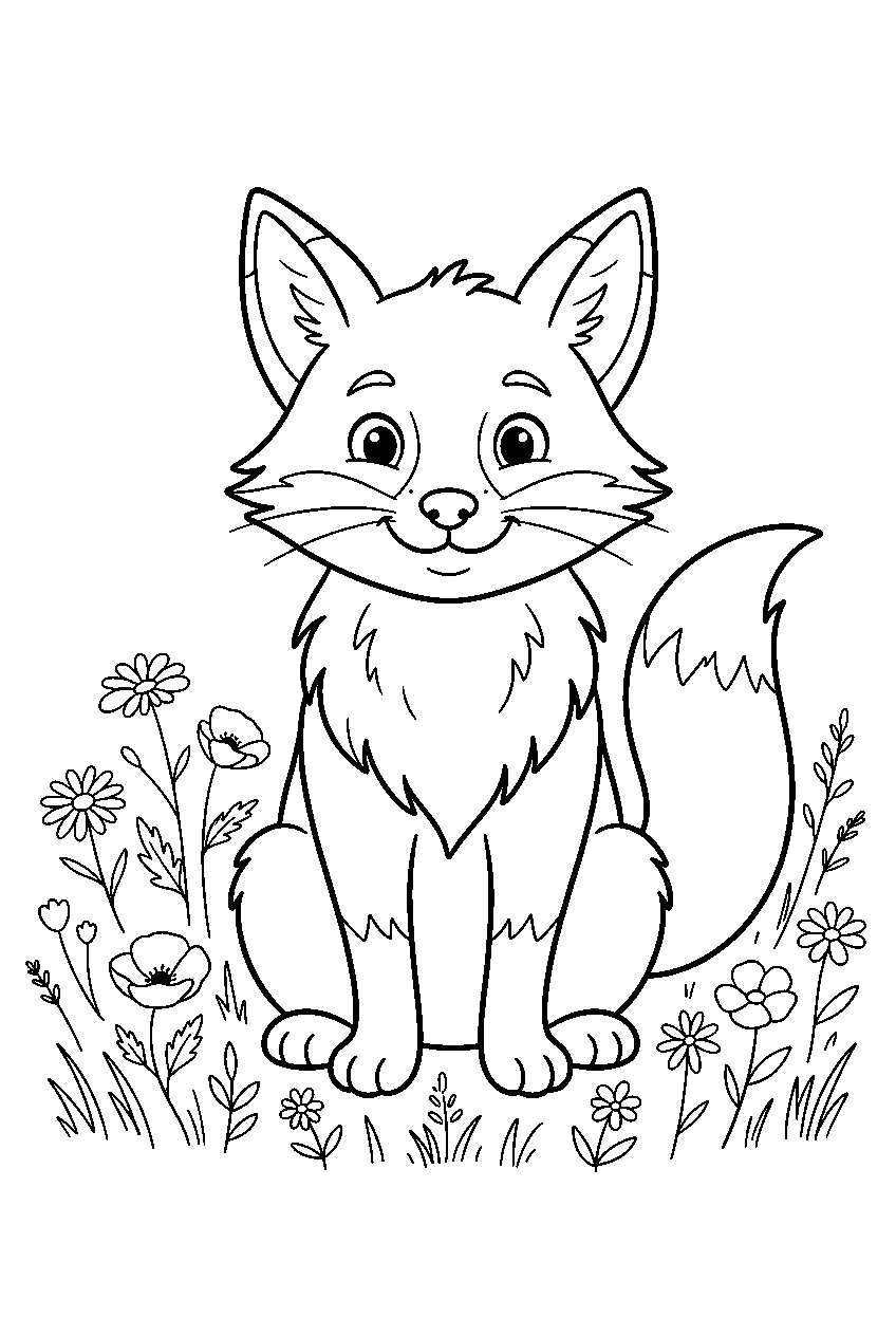 fox in wildflower field line art