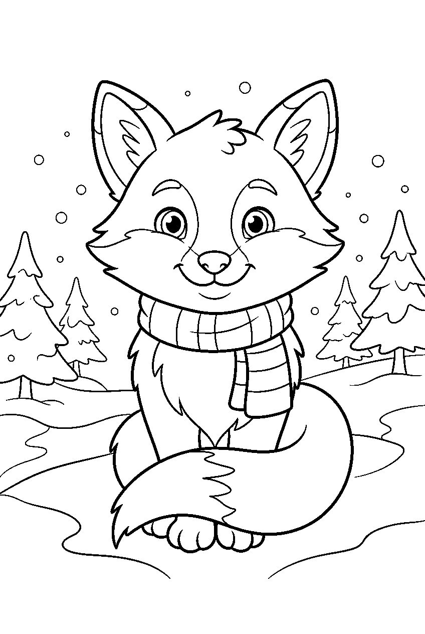 fox in winter woodland line art