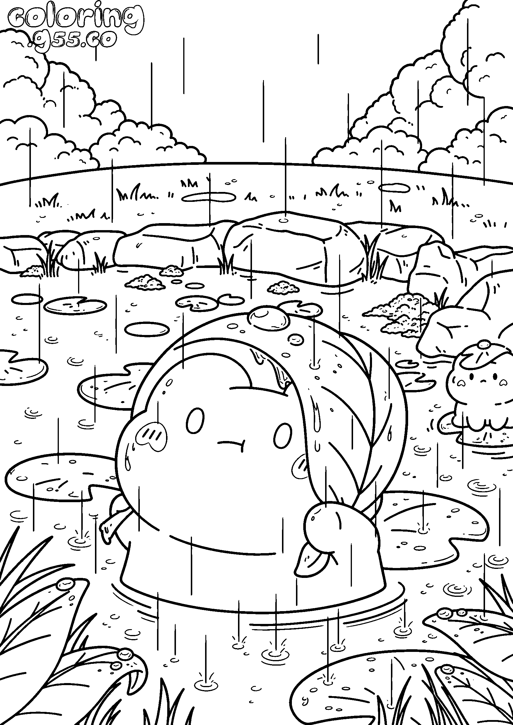 cute creature in rainy pond line art