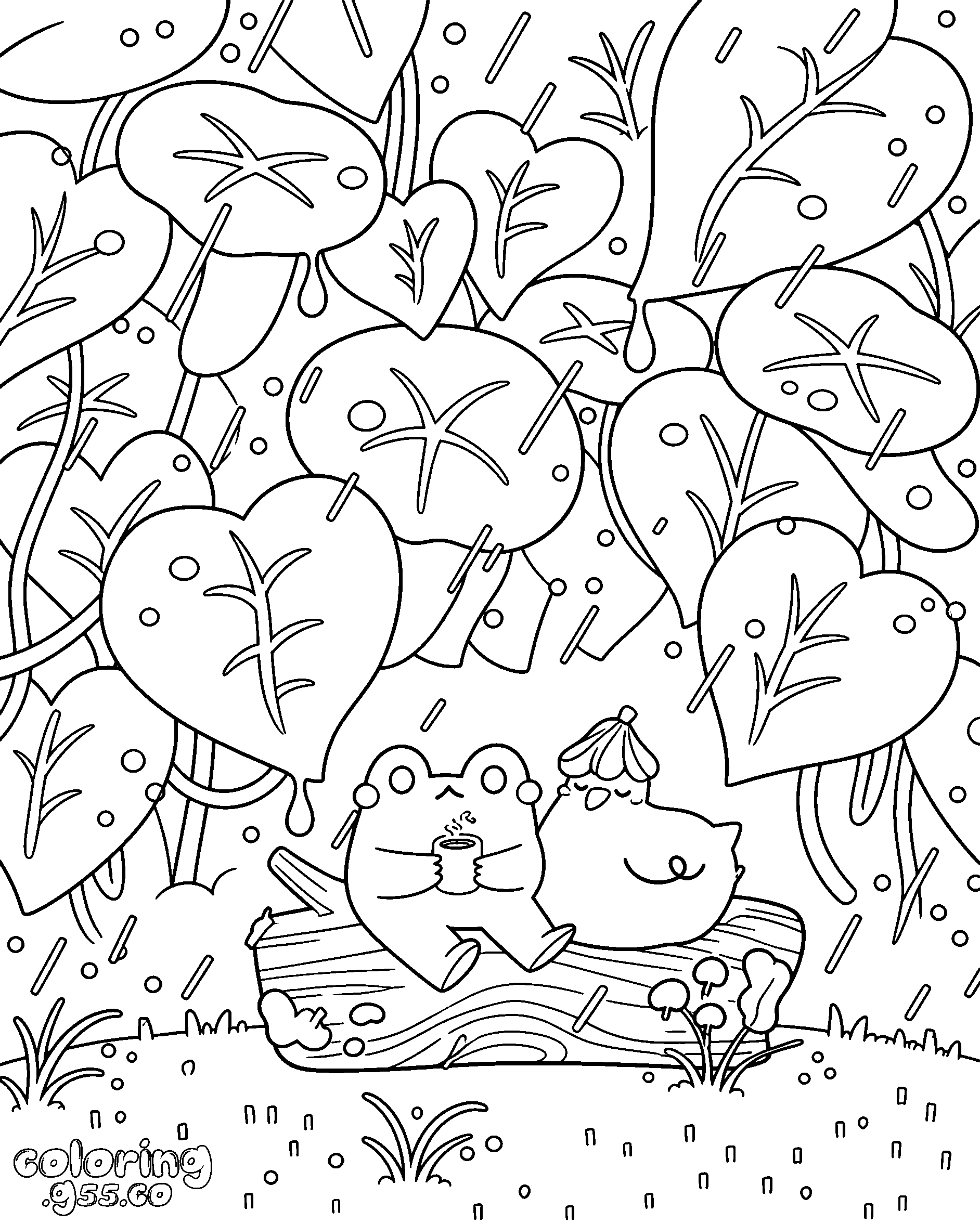 cute frog and duck in rain line art