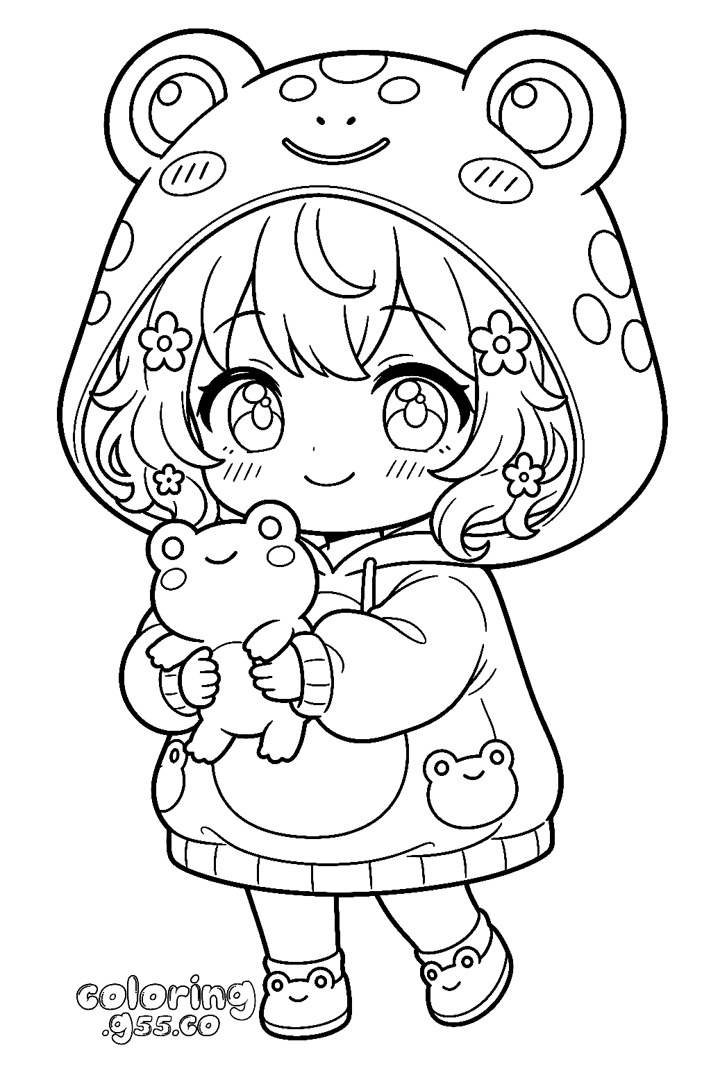 anime chibi girl in frog hoodie line art for kids cute kawaii sheet