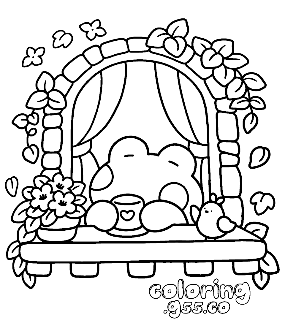 cozy frog window tea line art for kids