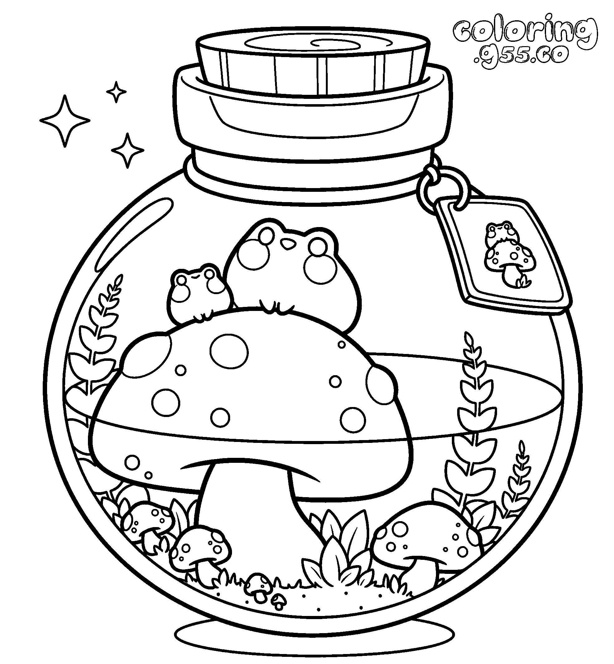 frog terrarium jar line art for kids kawaii