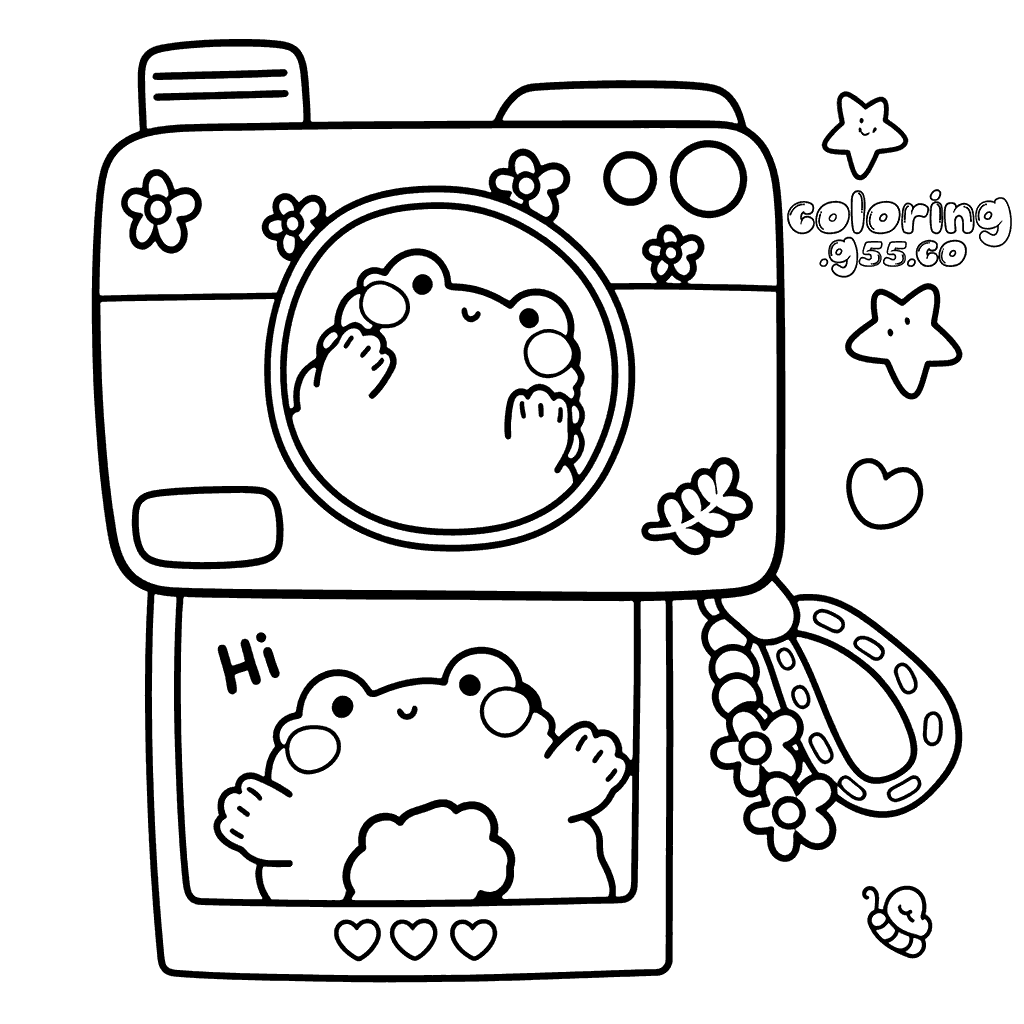 kawaii frog camera line art for kids
