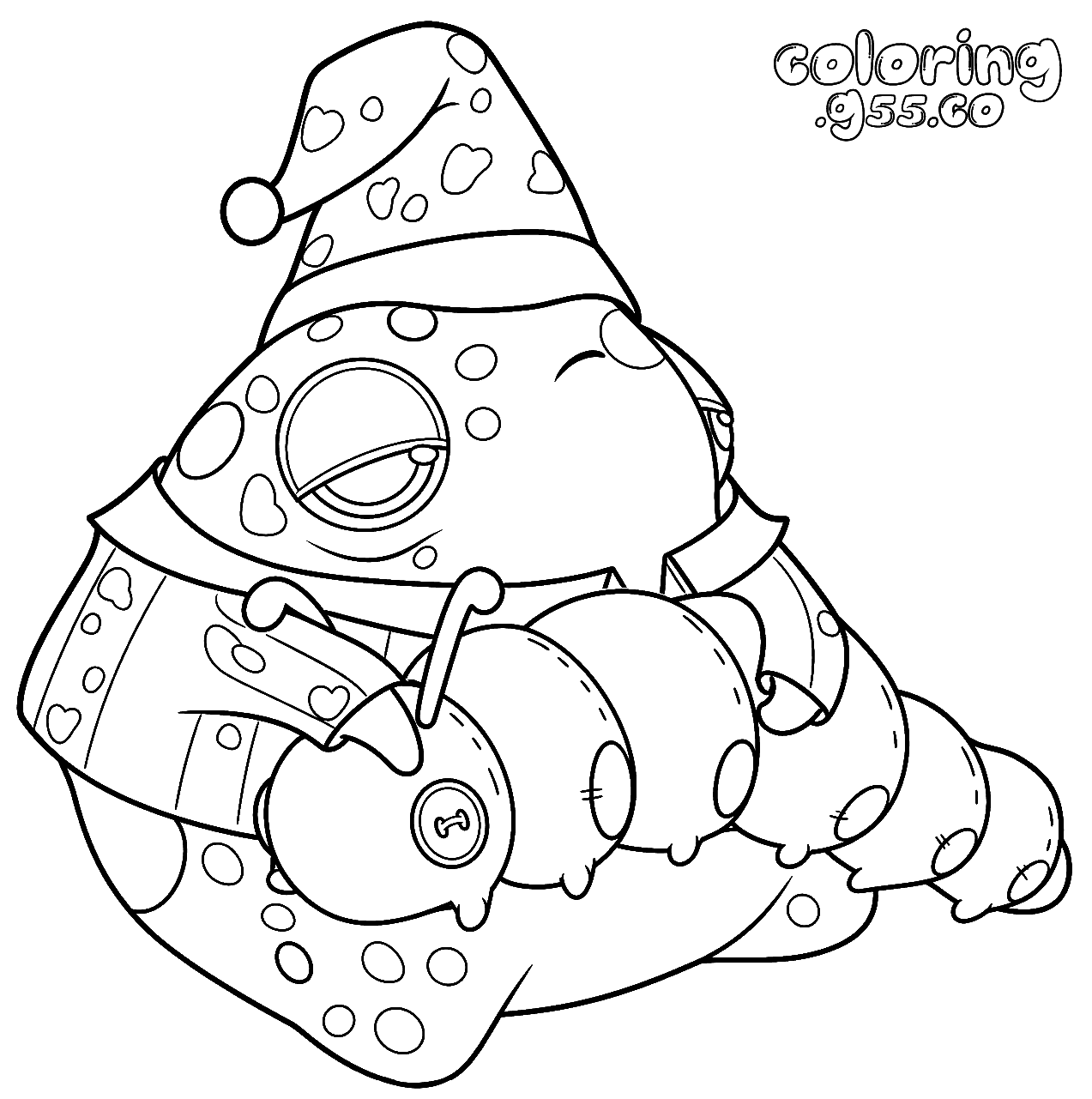 sleepy toad with plush caterpillar line art