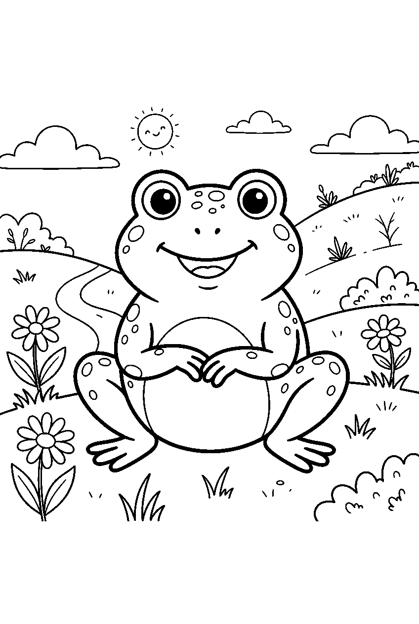 frog in hillside meadow line art