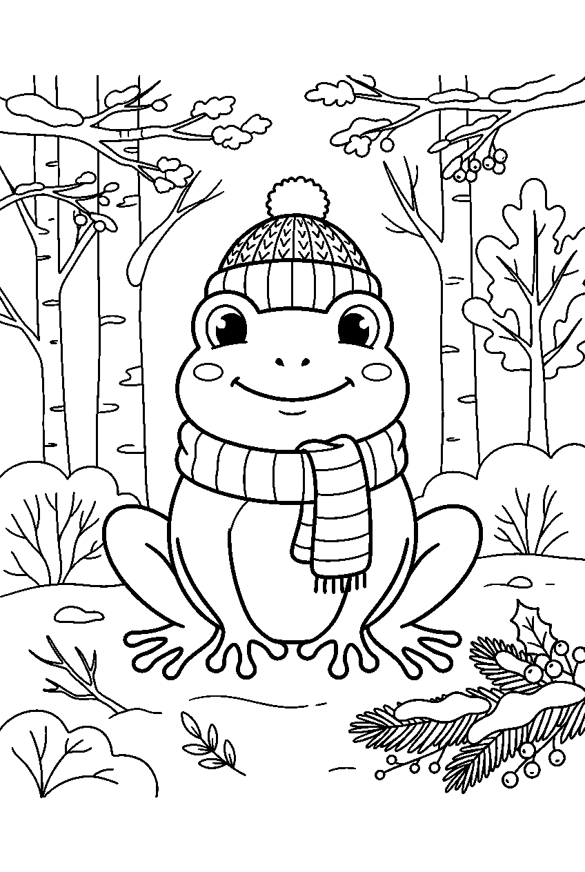 frog in winter woodland line art