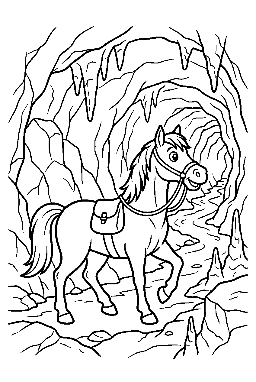 horse exploring in cave line art