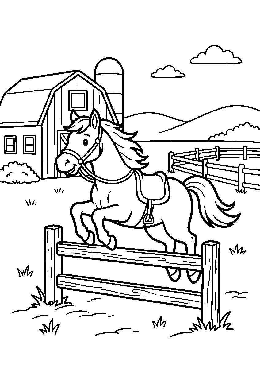 horse jumping in farmyard line art