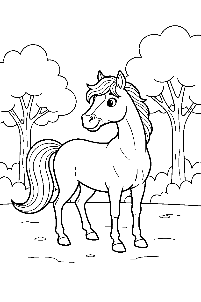 horse looking around in forest line art