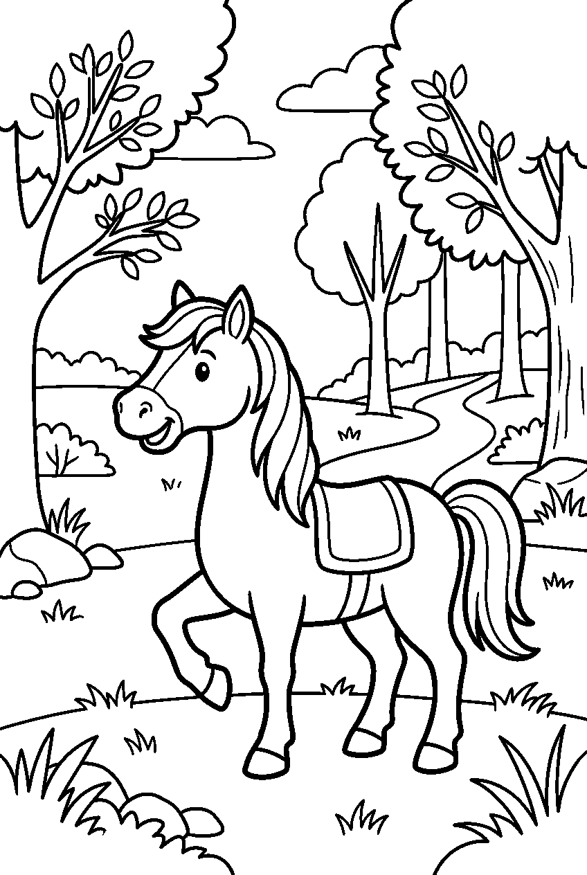 horse pointing in forest clearing line art