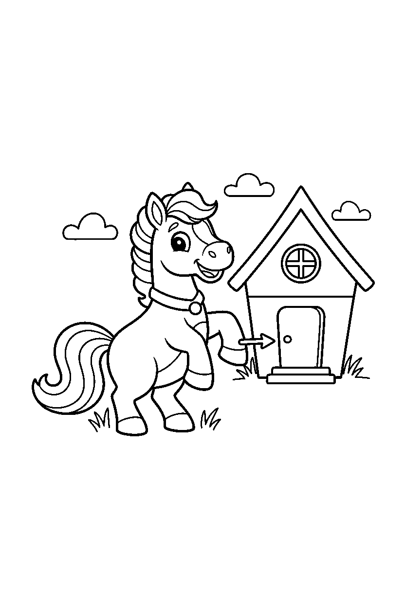 horse pointing in house line art