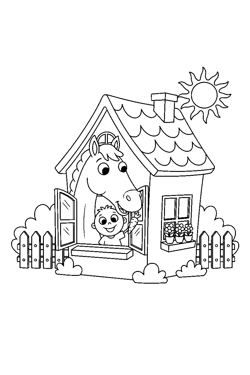 horse reaching in house line art