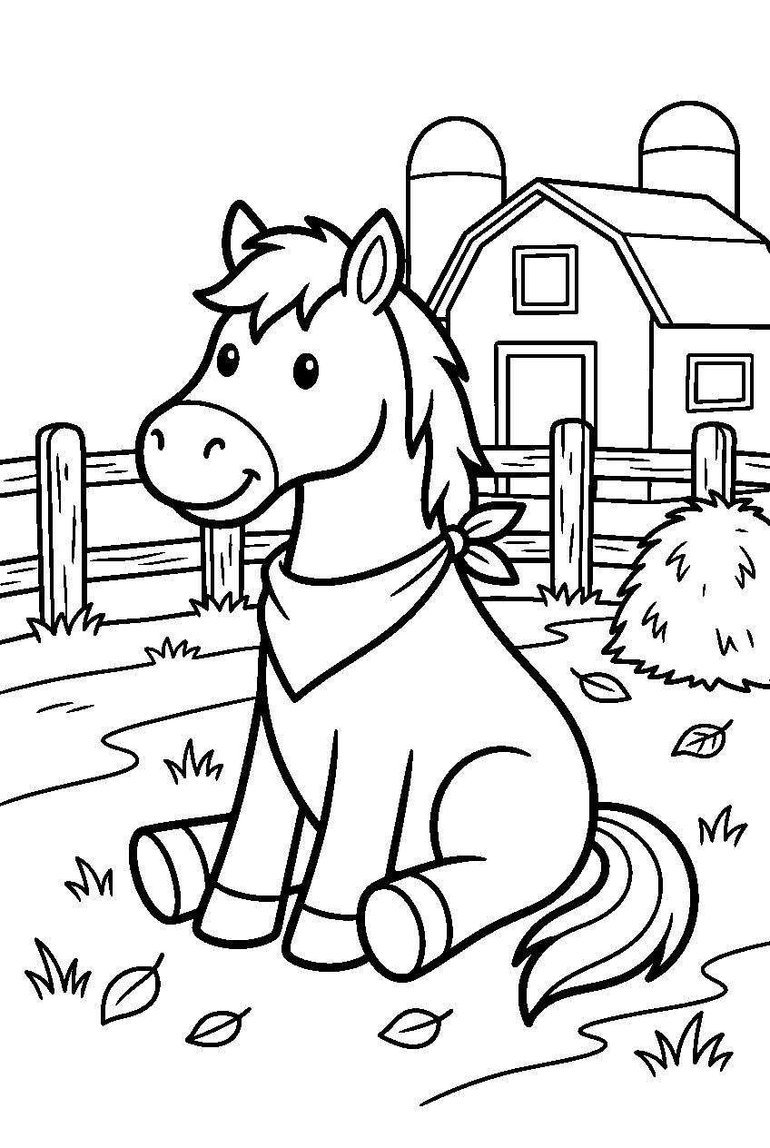 horse sitting in farmyard line art