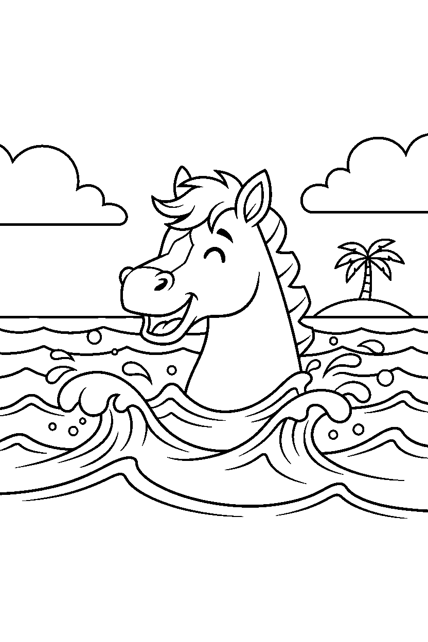 horse smiling in ocean line art