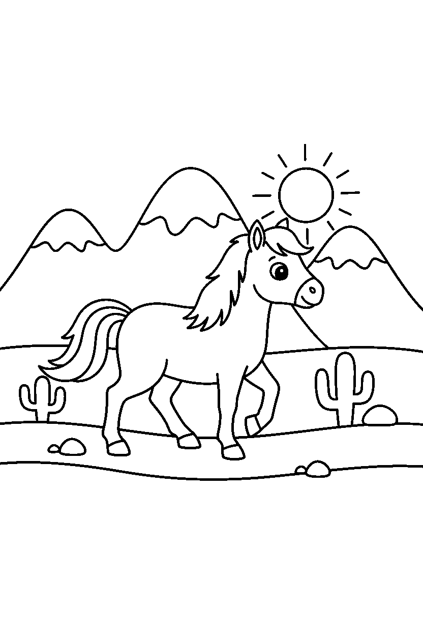 horse walking in desert line art