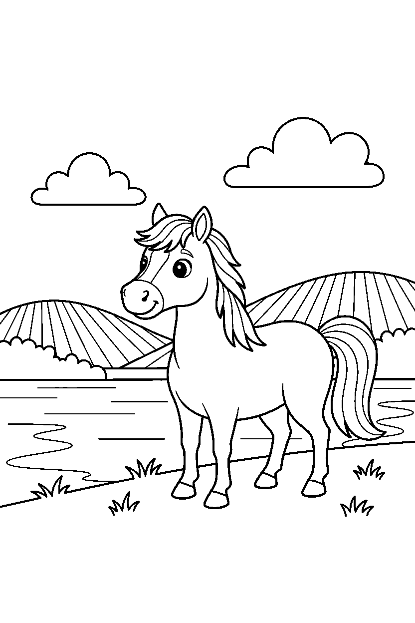 horse watching by lake line art